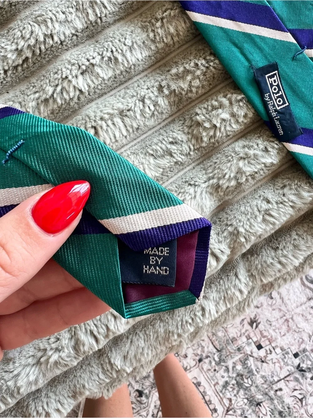 Polo Ralph Lauren Silk Striped Tie Made By Hand, Green, Blue & White Stripes